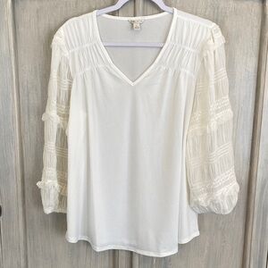 Cato White V-Neck Blouse with Sheer Sleeves